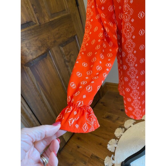 Womens Flowy Boho Size Medium Sheer Orange Long Sleeve Blouse - Picture 5 of 9